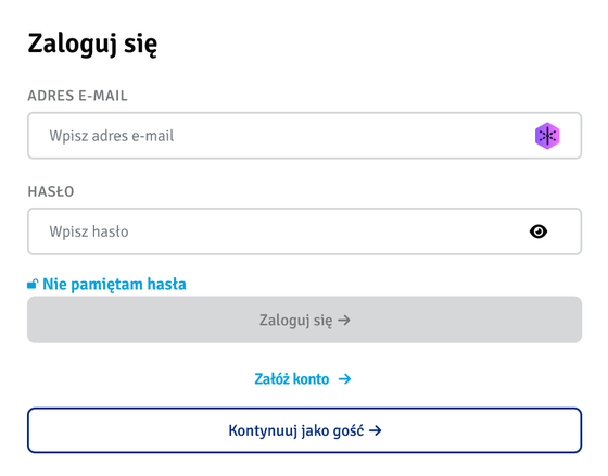 Ekran logowania Moja Enea: adres e-mail, hasło, Nie pamiętam hasła i Załóż konto