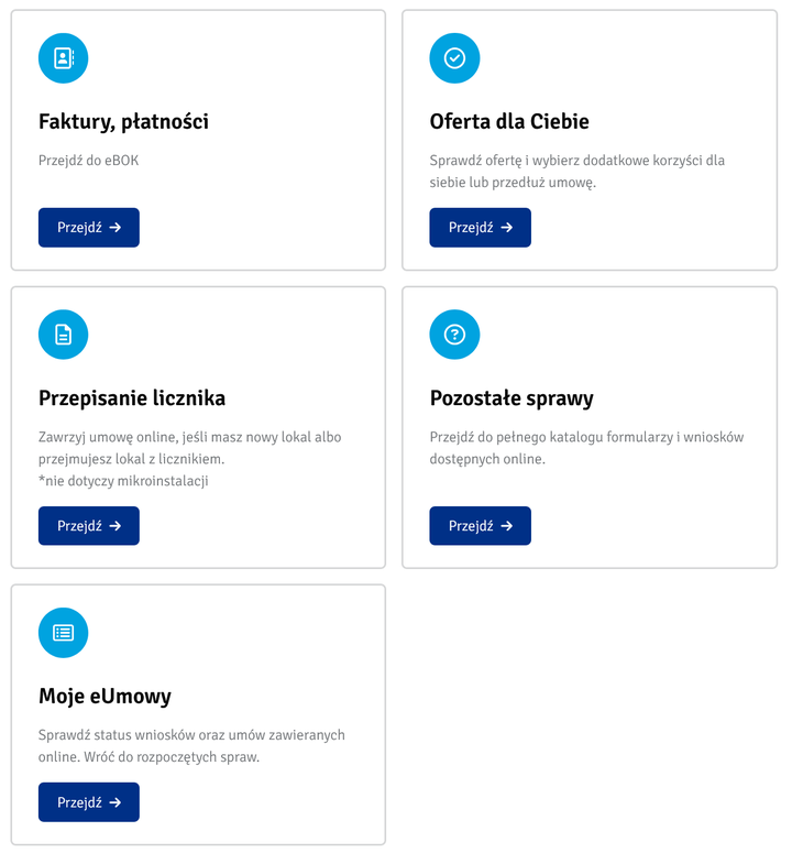 Kafelki Moja Enea: Faktury, płatności z przyciskiem Przejdź prowadzącym do eBOK