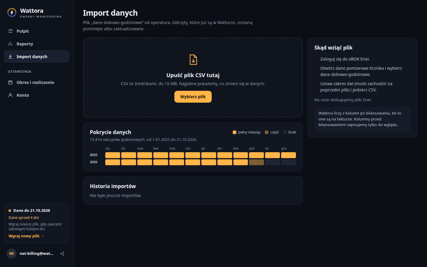 Ekran Import danych w Wattorze: pole na plik CSV, pokrycie danych i wskazówki, skąd wziąć plik