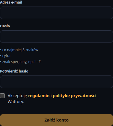 Formularz zakładania konta: adres e-mail, hasło z wymaganiami, potwierdzenie hasła i zgoda na regulamin