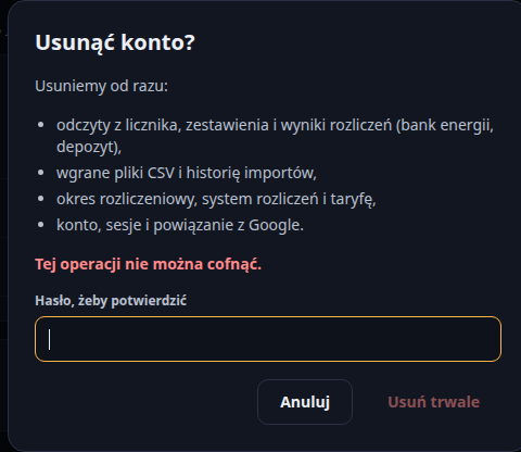 Okno Usunąć konto z listą usuwanych danych i polem na hasło